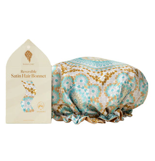 DOUBLE-SIDED SATIN BONNET FOR HAIR - BLUE/GOLD