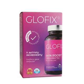 Maisto papildas GLOFIX® vitaminai, mineralai, antioksidantai odai ir plaukams ir gerai savijautai„SKIN BOOST“