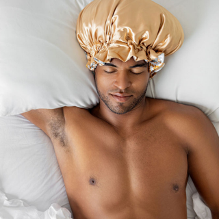 DOUBLE-SIDED SATIN BONNET FOR HAIR - BLUE/GOLD