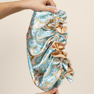 DOUBLE-SIDED SATIN BONNET FOR HAIR - BLUE/GOLD